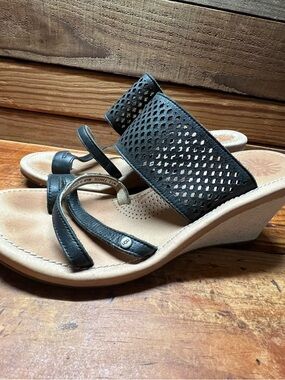 UGG Black Perforated Leather Wedge Sandals